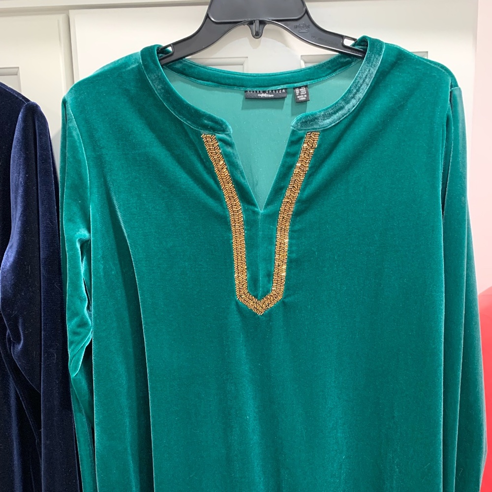 Susan Graver Artisan Velvet Knit Split Neck Tunic Emerald Jewel 1XP